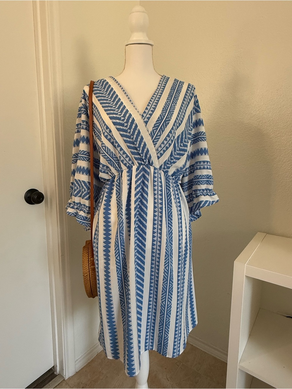 SHEIN Blue & White Striped V-Neck Midi Dress